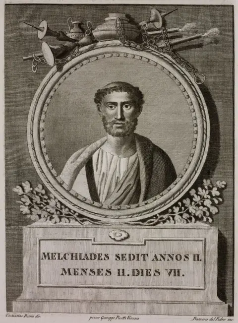 Getty Images A black and white drawing of Pope Miltiades. 