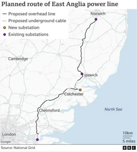 Map showing route of pylons from Norwich to Tilbury