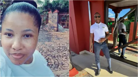 South Africa Police Service Keamogetswe Buys is pictured in a selfie, wearing a white top. A picture of Cebekhulu Linda shows him standing by a mirror, wearing a white top and grey trousers.