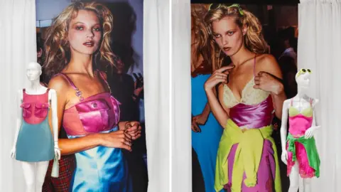 Paula Caballero Versace outfits worn by Kate Moss seen in the exhibition, pictured next to images of the model wearing them