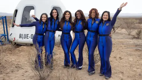 EPA Kerianne Flynn, Katy Perry, Lauren Sanchez, Aisha Bowe, Gayle King and Amanda Nguyen in front of Blue Origin's New Shepard NS-31 rocket following a short mission into orbit after taking off from Launch Site One in Van Horn, Texas, USA, 14 April 2025