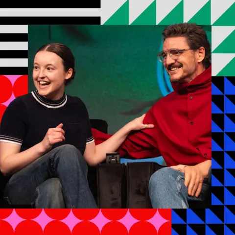 Getty Images Bella Ramsey and Pedro Pascal laughing and holding onto each other
