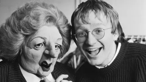 Getty Images Steve Nallon, pictured with Spitting Image's Margaret Thatcher puppet in 1985