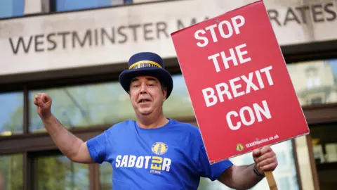 PA Media Anti-Brexit protester Steve Bray outside Westminster Magistrates' Court in London, after being cleared of flouting a police ban on playing anti-Conservative and anti-Brexit music through speakers outside Parliament in March last year. Picture date: Monday April 14, 2025.