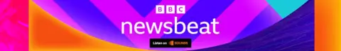 A footer logo for BBC Newsbeat. It has the BBC logo and the word Newsbeat in white over a colorful background of violet, purple and orange shapes. At the bottom a black square reading