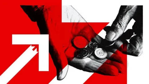 BBC A branded image showing a person holding a selection of UK coins overlaid with white and red arrows.