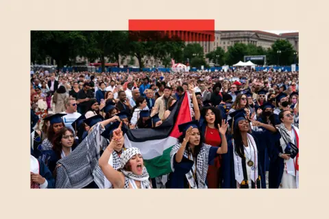 Getty Images Students protest as they walk out from the George Washington University