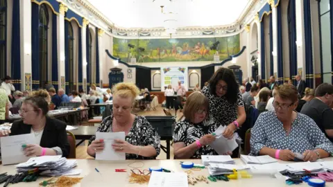 Getty Images Four women sit at a table in a town hall counting votes