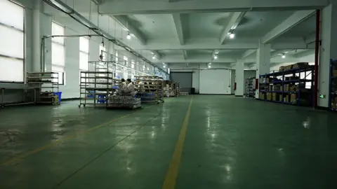 BBC/Xiqing Wang A wide shot of the interior of a sparsely filled factory. Workers are sitting at a long table near the windows, surrounded by shelves. Behind them, some distance away, are shelves with boxes stacked on them.