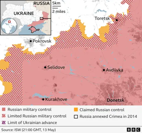 Map of front line in eastern Ukraine near Pokrovsk