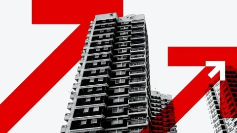 BBC Stylised image of a tower block of flats with red and white arrows superimposed on top