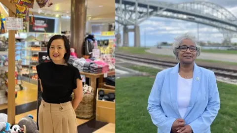 BBC Two images of women. Woman on the right stands with hands behind her back in store. Woman on the left stands with hands in front of her. She stands in front of a bridge.