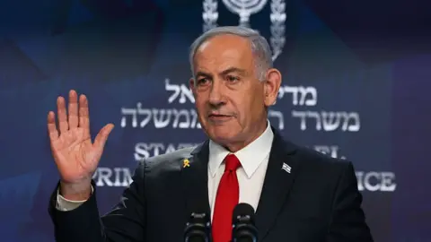 Getty Images Israeli Prime Minister Benjamin Netanyahu gives a press conference in Jerusalem on 21 May 2025.