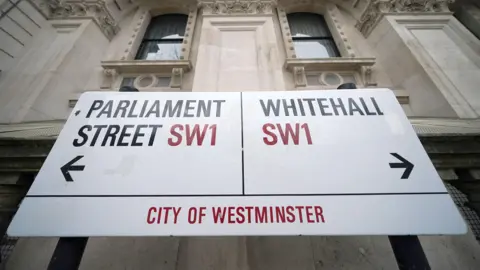 PA A road sign that points to Parliament Street SW1 to the left and Whitehall SW1 in the City of Westminster