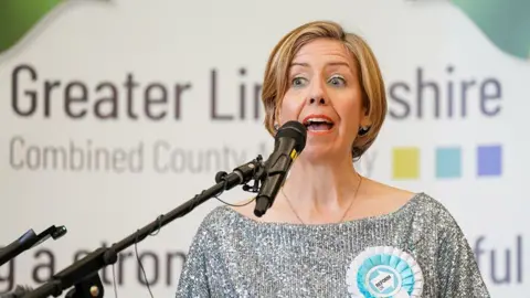 Getty Images Dame Andrea Jenkyns of the Reform Party speaks after she is declared the winner of the Greater Lincolnshire Combined County Authority Mayoral Election at Grimsby Town Hall