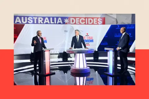 Reuters Australian Prime Minister Anthony Albanese and Australian Opposition Leader Peter Dutton speak during the 7NEWS