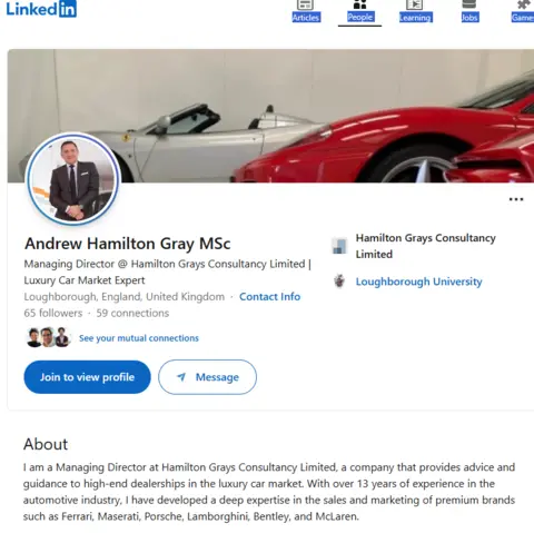 Linkedin Cllr Gray's LinkedIn page shows his photo and luxury cars