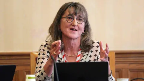 Getty Images Baroness Beeban Kidron, wearing a black and white patterned shirt, is shown speaking at a discussion about AI and copyright in April.