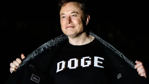 Getty Images Elon Musk opens his jacket to reveal a t-shirt with the word DOGE in capitals written across his chest.